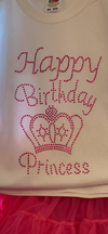 Beautiful Happy Birthday Princess and Crown Girls Personalised Embellished T-ShirtT-Shirt_White with Rose embellishments_Special discount on!!!