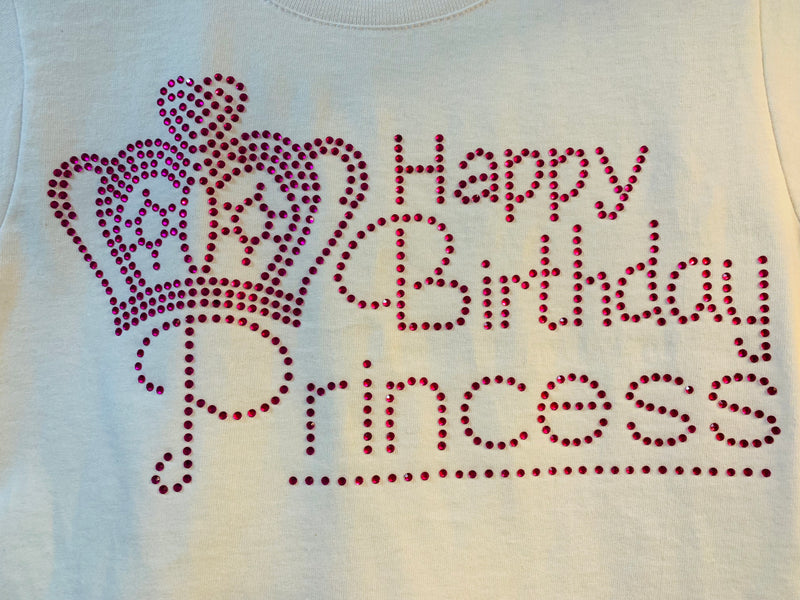 Beautiful Happy Birthday Princess and Crown Girls Personalised Embellished T-ShirtT-Shirt_White with Rose embellishments_Special discount on!!!