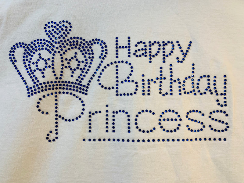 Happy Birthday Princess and Crown Boys Personalised Embellished T-ShirtT-Shirt_White with Blue embellishments_Special discount on!!!